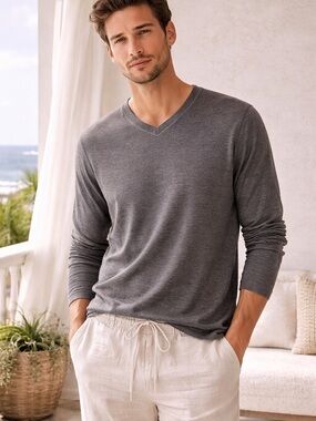 Banana Republic Silk Linen V Neck Long Sleeve Top XL Gray Lightweight